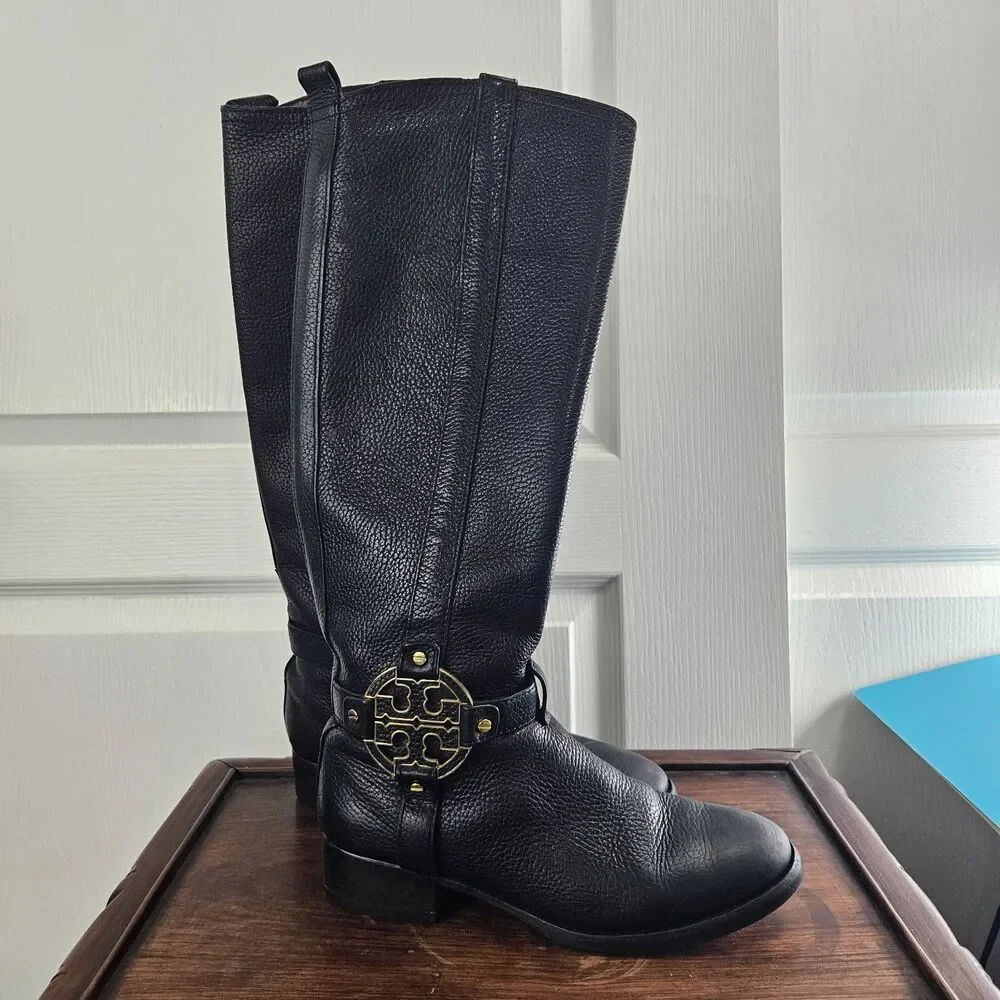 Tori Burch Amanda Knee High Harness Riding Boots Black Pebbled Leather Size 6.5